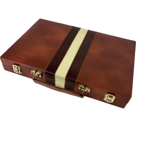 Backgammon Set Faux  Brown Cream Leather Case Complete - Picture 4 of 11